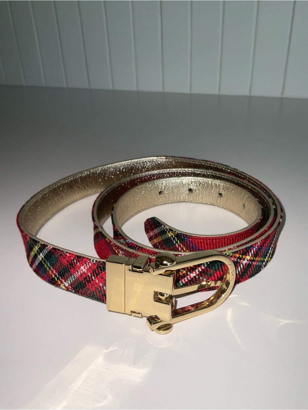 Talbots Red Tartan Belt with Gold Buckle Reversible